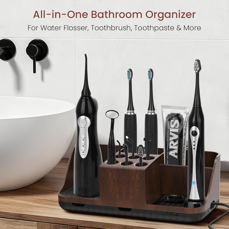 Boperzi Bathroom Counter Organizer for Vanity & Sink Storage: Detachable Electric Toothbrush and Toothpaste Holder, Water Flosser Holder, Bathroom Decor and Accessories Organization Set(Walnut Black) - Image 2